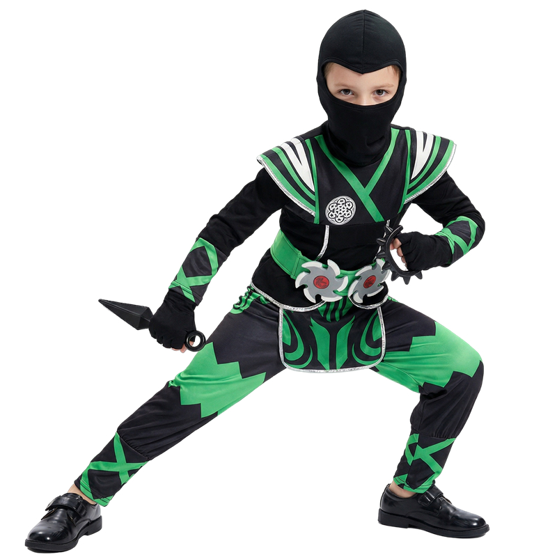 Halloween Costume Kids - ชุดนินจาญี่ปุ่นสำหรับเด็ก ชุดซามูไรสีเขียว พร้อมของเล่น 9 ชิ้น ของขวัญ
