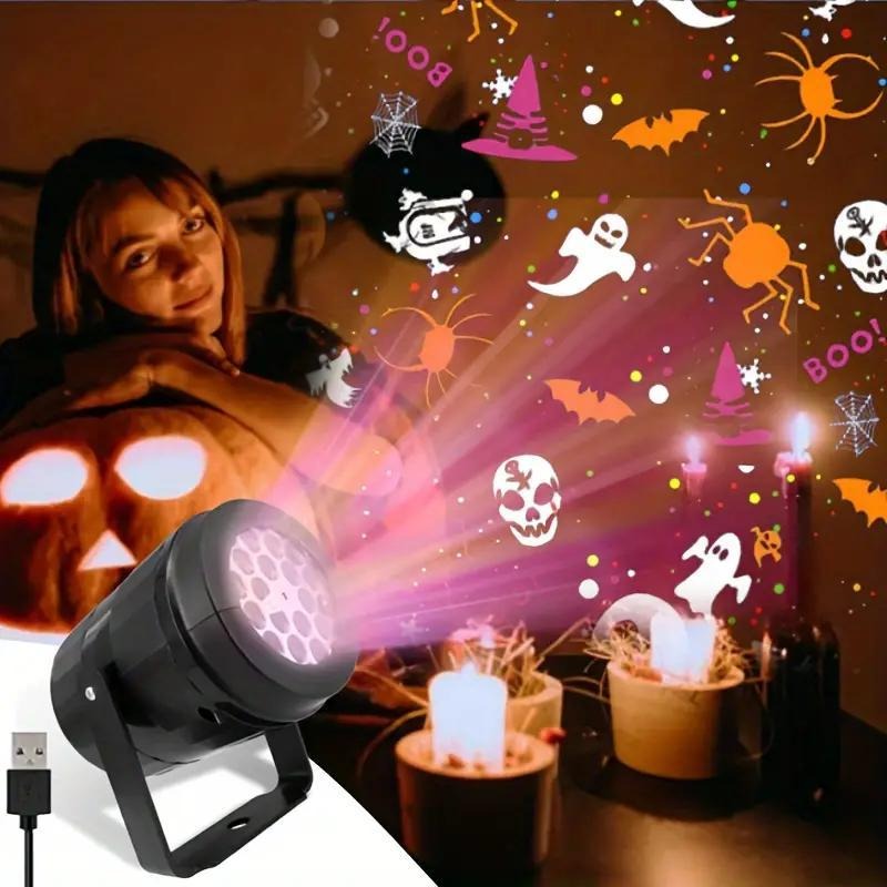 Halloween Pumpkin Decor Led - ไฟโปรเจคเตอร์ LED สำหรับฮาโลวีน ตกแต่งสวนคริสต์มาสกลางแจ้ง พร้อมลวดลายฟักทอง ผี
