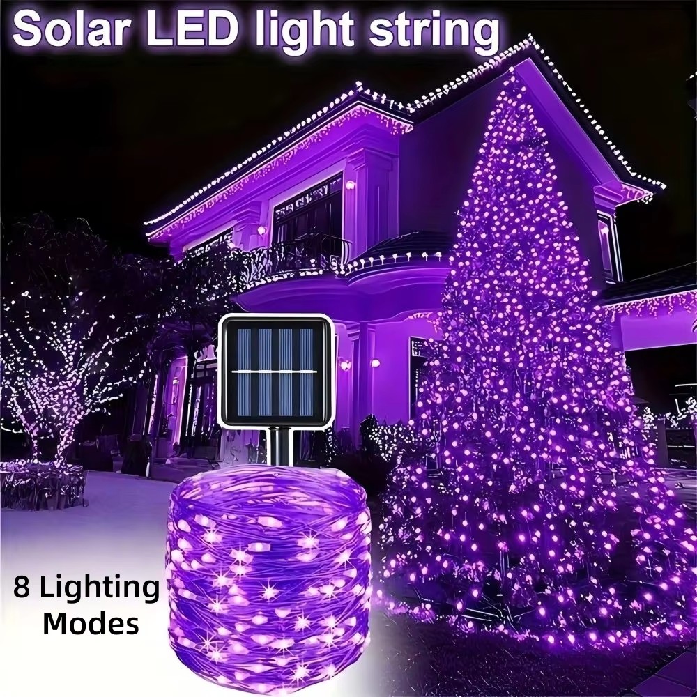 Halloween Led String Lights Orange - ไฟประดับฮาโลวีนแบบโซลาร์เซลล์ 1/2PC12M100LED สายไฟทองแดง LED สีม่วง/สีส้ม ใช้สำหรับตกแต่งวันหยุดกลางแจ้ง