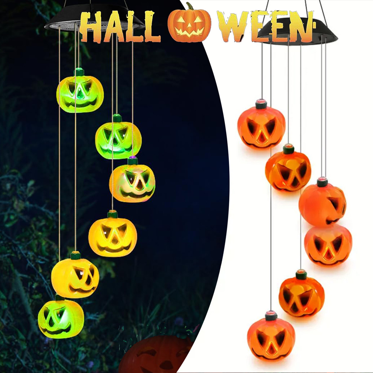 Halloween Pumpkin Decor Led - กระดิ่งลมฮาโลวีนรูปฟักทองพลังงานแสงอาทิตย์พร้อมไฟ LED หลากสี ตกแต่งแขวนรูปฟักทองโกรธสำหรับสวน ระเบียง ลานบ้าน