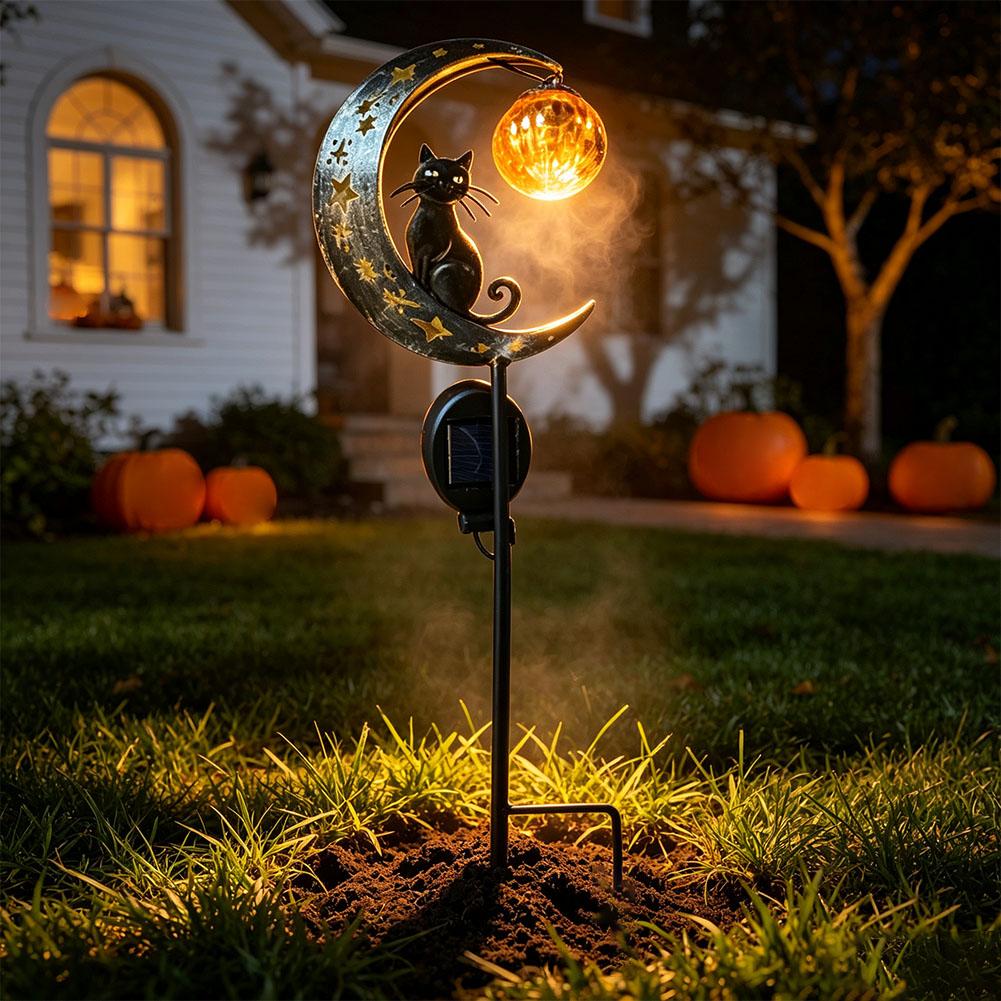 Pumpkin Lantern Halloween - โคมไฟปักดินสำหรับตกแต่งสวนกลางแจ้งในเทศกาลฮาโลวีน โคมไฟรูปพระจันทร์ แมวดำ และฟักทอง ทำจากโลหะกันสนิม เหมาะสำหรับประดับตกแต่งทางเดินในสวนและใช้ในเทศกาล