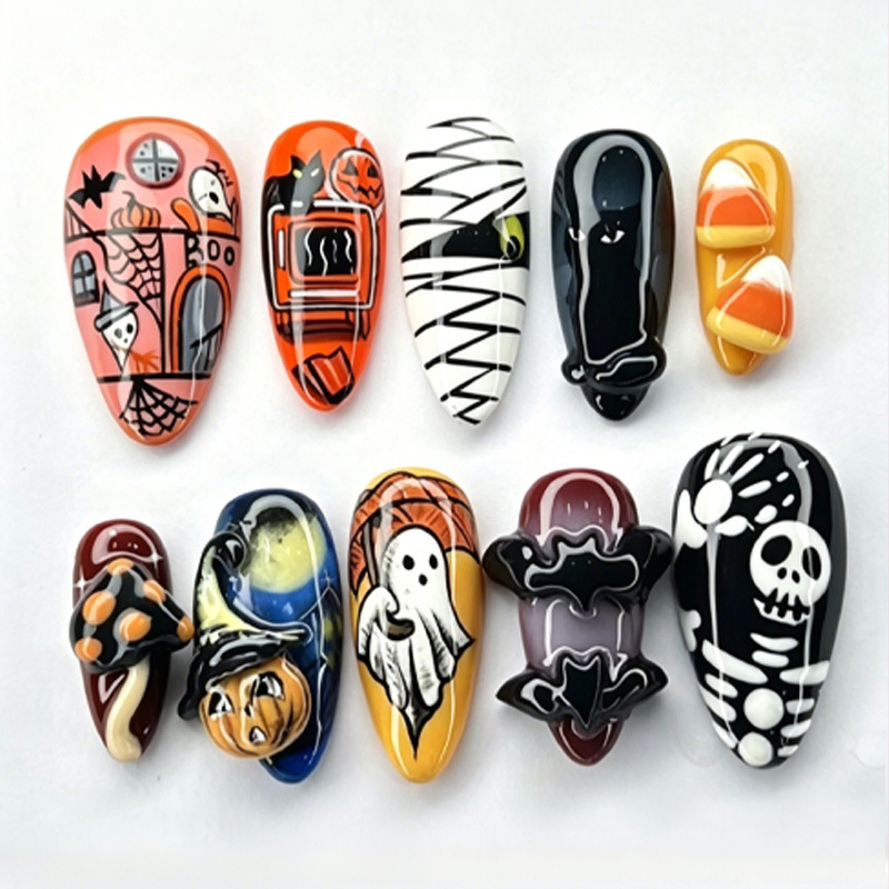 Halloween Skeleton Decoration - 30 ชิ้น เล็บปลอมสไตล์ฮาโลวีนใหม่ ลายเพ้นท์มือ หัวกะโหลก ค้างคาว