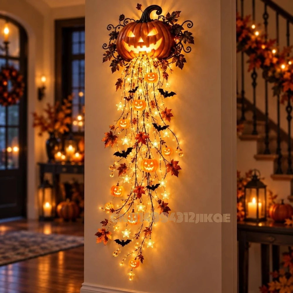 Halloween Led String Lights Orange - ชุดโคมไฟติดผนังแบบน้ำตกสำหรับเทศกาลฮาโลวีน ดีไซน์หรูหรา ประกอบด้วยไฟประดับรูปฟักทองและม่านสีส้ม พร้อมไฟ LED ตกแต่งแบบน้ำตก