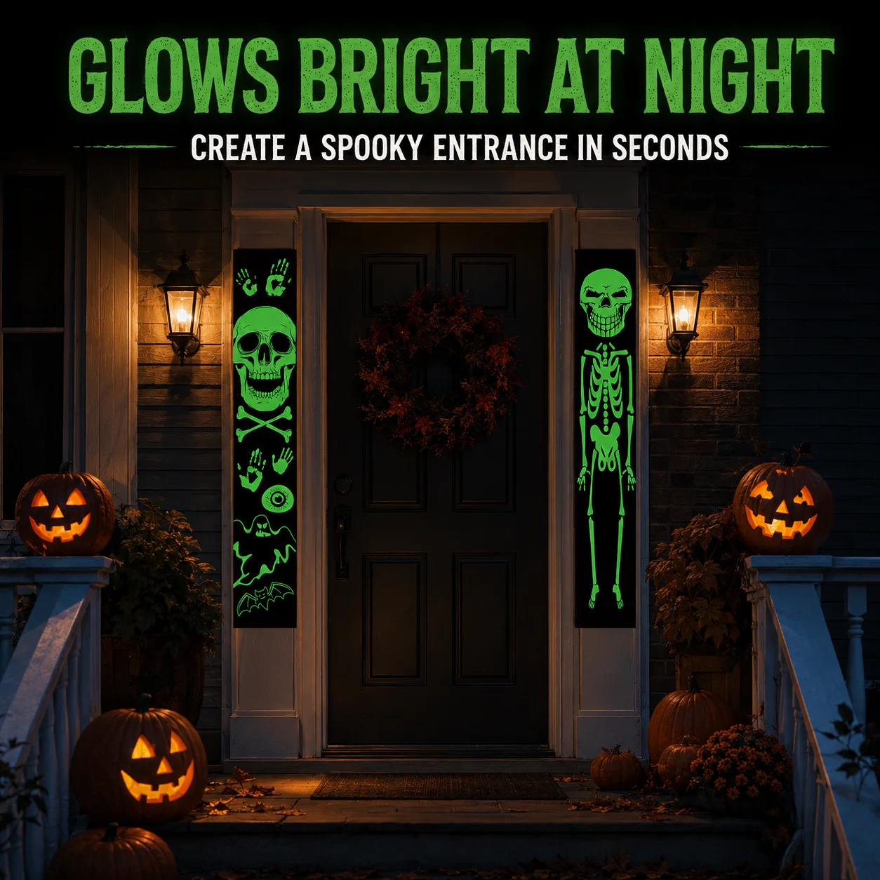 Halloween Skeleton Decoration - แบนเนอร์ฮาโลวีนเรืองแสงในที่มืด 2 ชิ้น, ธงแขวนลายโครงกระดูกและหัวกะโหลก สำหรับตกแต่งประตูหน้า ลานบ้าน
