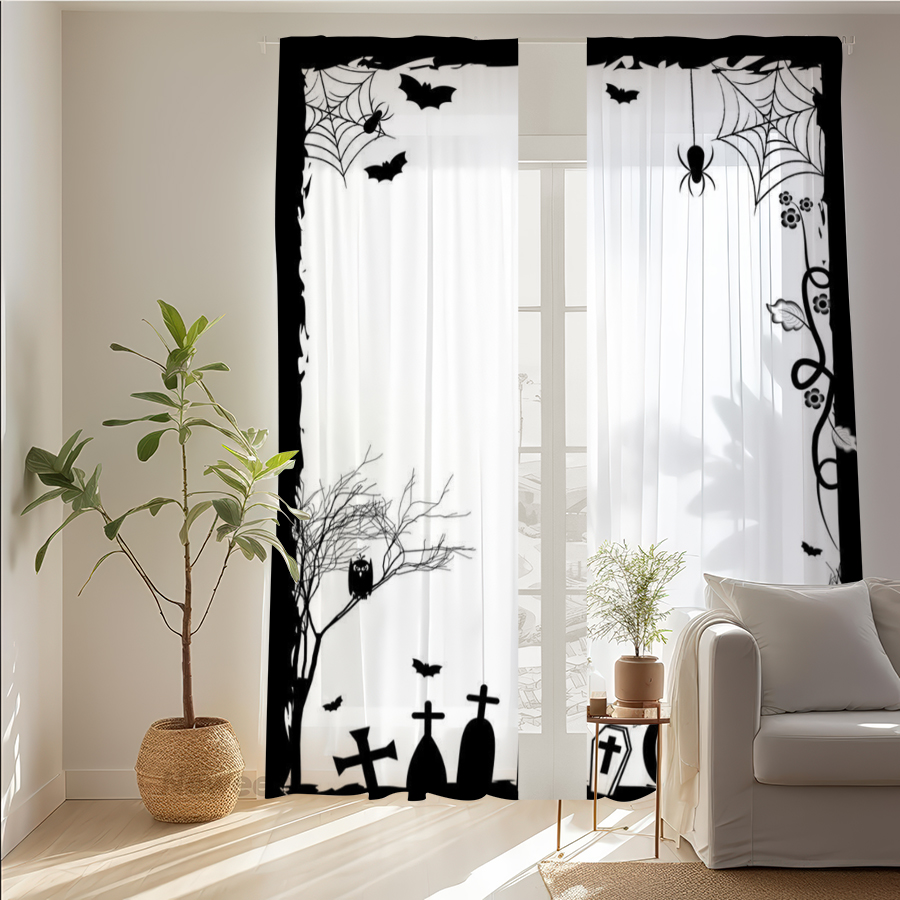 Spider Web Halloween Decoration - ม่านโปร่งแสงพิมพ์ลายดิจิทัล 2 ชิ้น ลายใยแมงมุมและป้ายหลุมศพสำหรับตกแต่งหน้าต่างในห้องนั่งเล่น ห้องนอน และบ้านในธีมฮาโลวีน