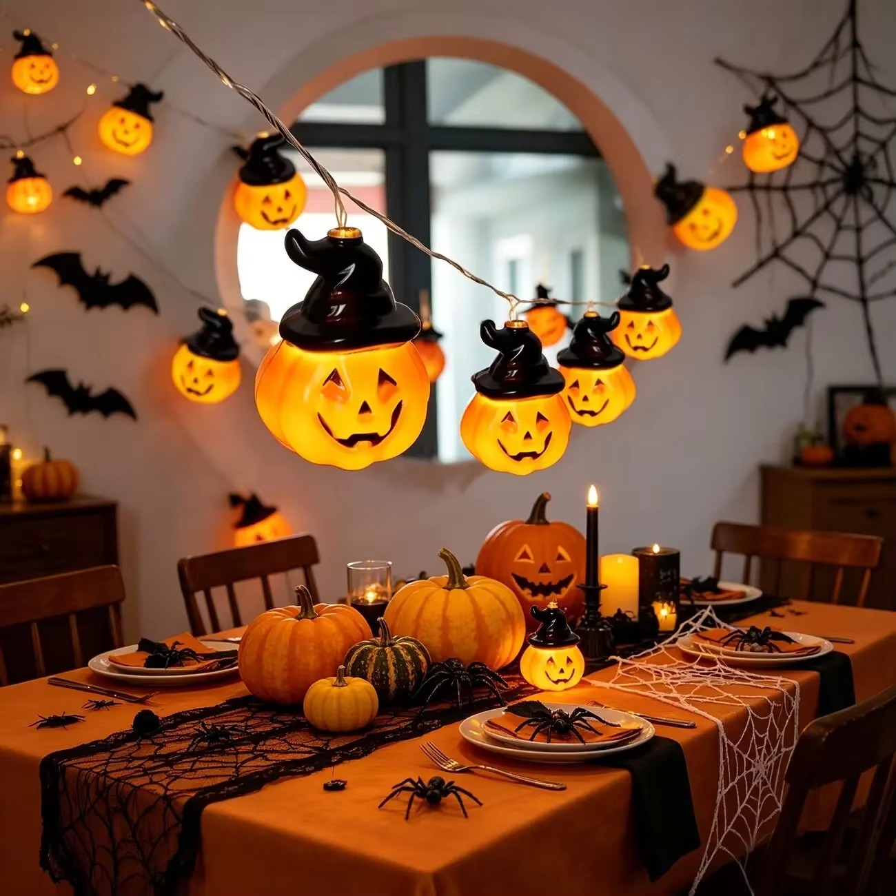Halloween Led String Lights Orange - ไฟประดับรูปฟักทองหมวกแม่มด, ไฟฮาโลวีนแบบใช้แบตเตอรี่ แสงสีขาวนวล สำหรับตกแต่งงานปาร์ตี้ บ้าน เตาผิง
