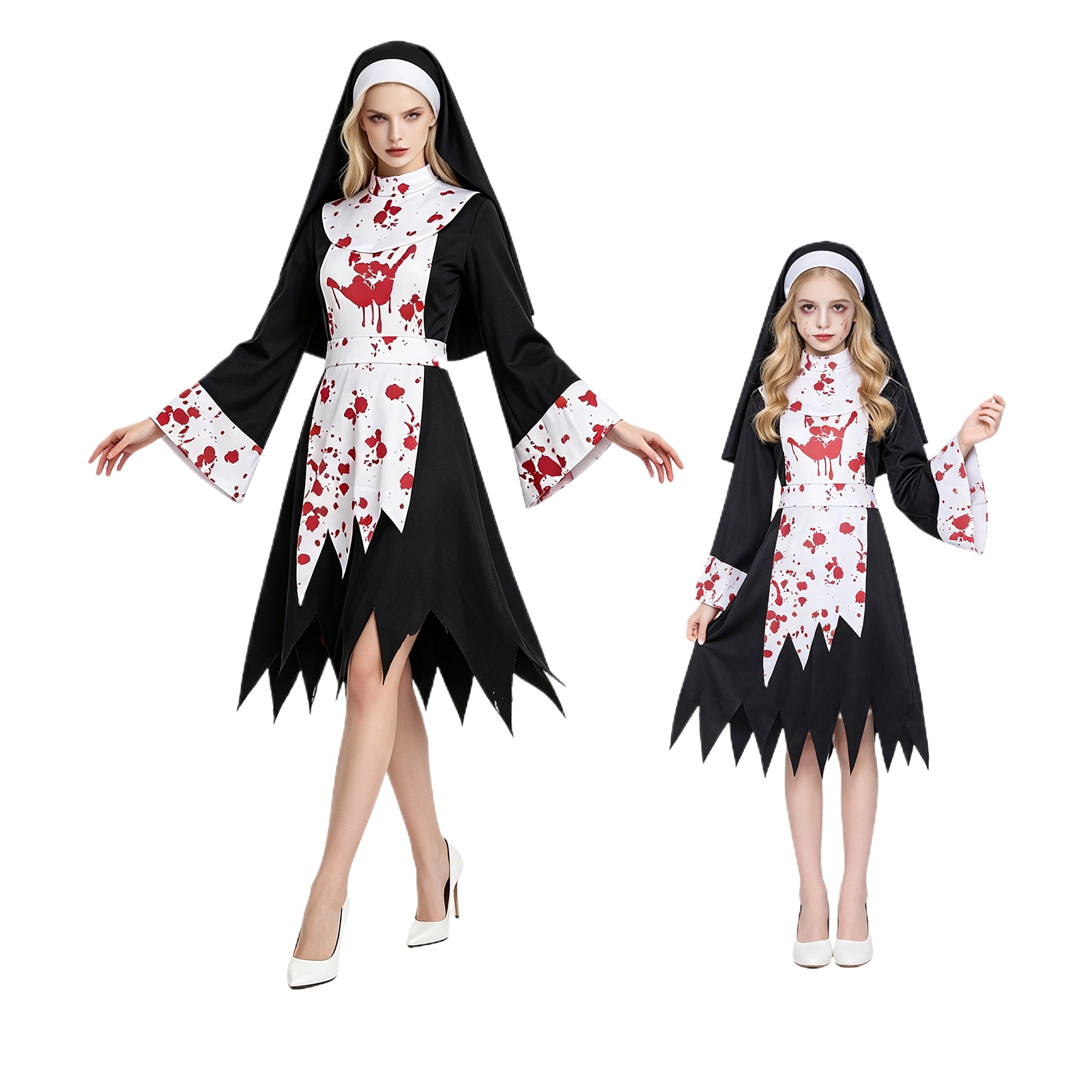 Halloween Costume Kids - ชุดคอสเพลย์แม่ชีสุดหลอนสำหรับผู้หญิงและเด็ก ชุดแม่ชีเปื้อนเลือดสำหรับฮาโลวีน ชุดธีมซอมบี้สำหรับงานปาร์ตี้คาร์นิวัลและการแสดงบนเวที