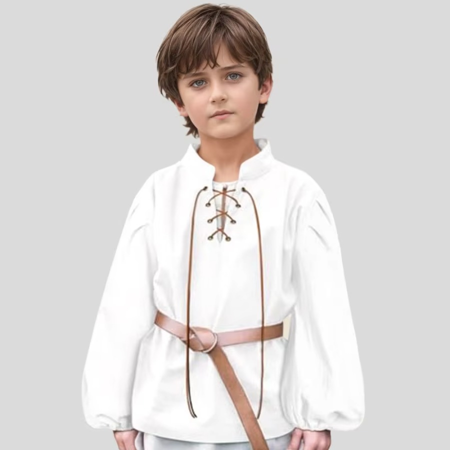 Halloween Costume Kids - เสื้อโจรสลัดยุคกลางสำหรับเด็กผู้ชาย เสื้อผูกเชือกสไตล์เรอเนซองส์สำหรับเด็ก เสื้อท็อปชุดกิลลีสไตล์สกอตแลนด์เจคอบไคต์สำหรับฮาโลวีน เสื้อท็อปชุดไวกิ้งและชุดอาณานิคม