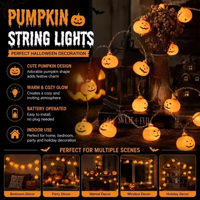 Halloween Pumpkin Decor Led - ไฟประดับ LED รูปฟักทองฮาโลวีน ใช้แบตเตอรี่ เหมาะสำหรับงานปาร์ตี้ในร่ม ไฟประดับหน้าต่างห้องนอน