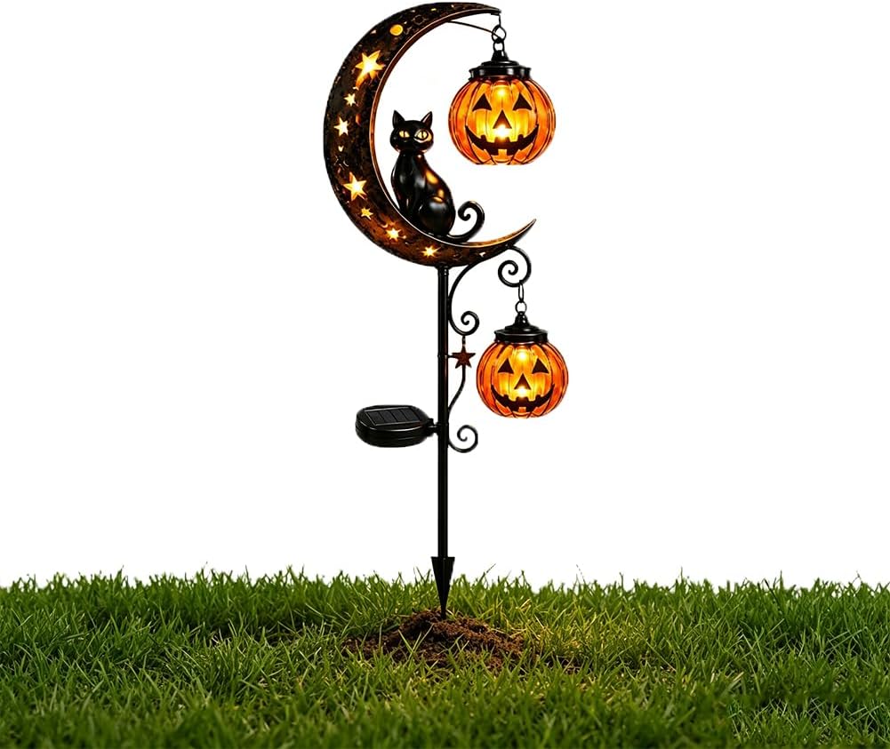 Halloween Pumpkin Decor Led - ไฟประดับสวนรูปแมวดำ ฟักทอง และพระจันทร์ สำหรับฮาโลวีน พลังงานแสงอาทิตย์ กันน้ำสำหรับตกแต่งสวนกลางแจ้ง