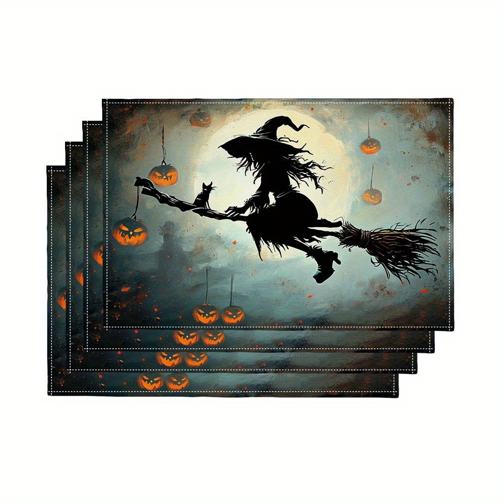 Pumpkin Lantern Halloween - ชุดแผ่นรองจานฮาโลวีนลายแม่มดและฟักทอง 4 ชิ้น ลวดลายแม่มดและฟักทองสุดหลอน