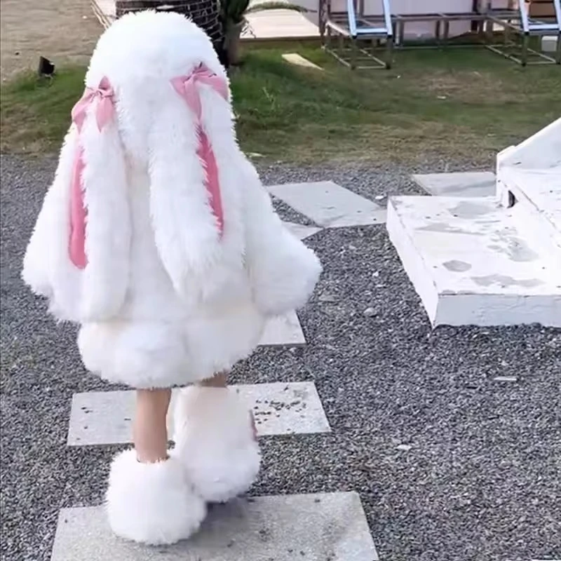 Halloween Costume Kids - ชุดคอสเพลย์กระต่ายการ์ตูนน่ารักสำหรับเด็กผู้หญิง ชุดกระต่ายสีขาวอุ่นๆ สำหรับฤดูหนาว พร้อมหมวก กางเกง เสื้อ