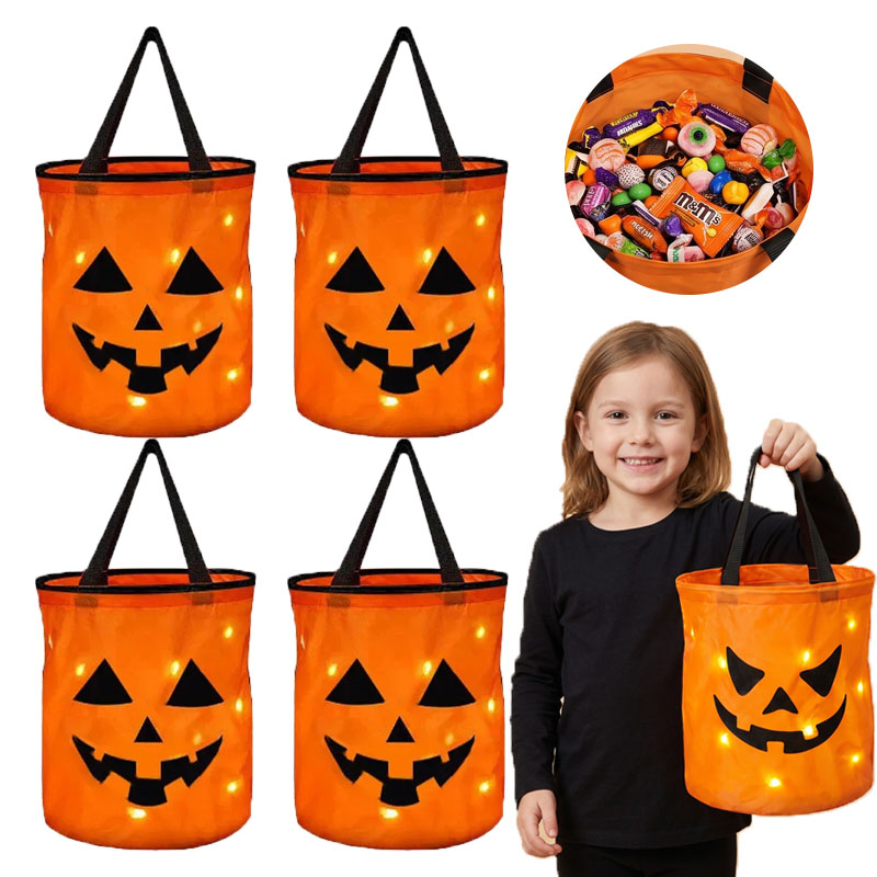 Halloween Pumpkin Decor Led - 1-10 ชิ้น ตะกร้าฟักทองฮาโลวีน LED มีไฟ ถุงใส่ขนมสำหรับเด็ก