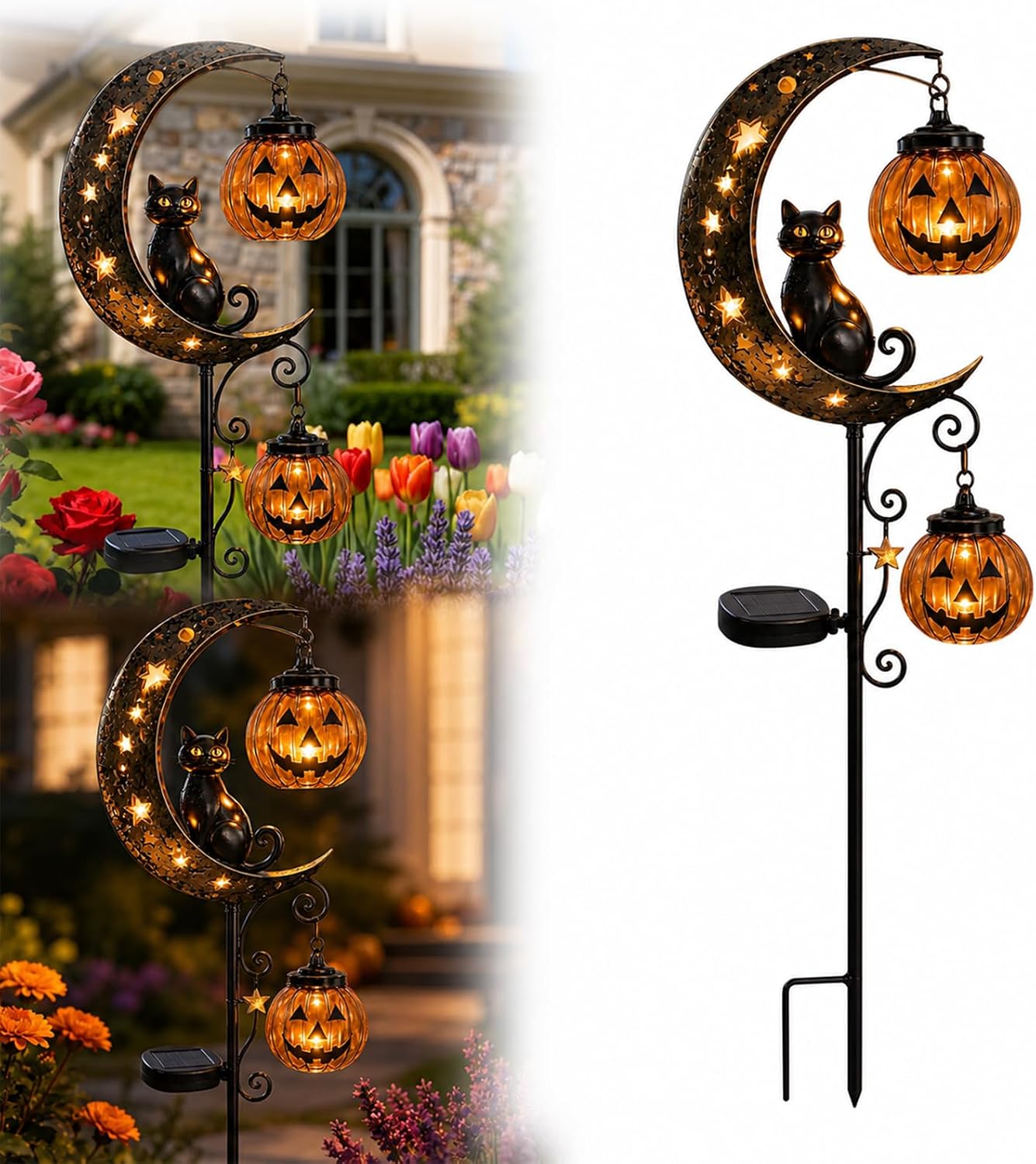 Halloween Pumpkin Decor Led - โคมไฟ LED กลางแจ้งรูปฟักทองฮาโลวีนพลังงานแสงอาทิตย์พร้อมรูปแมวดำ กันน้ำ สำหรับตกแต่งสวน ลาน